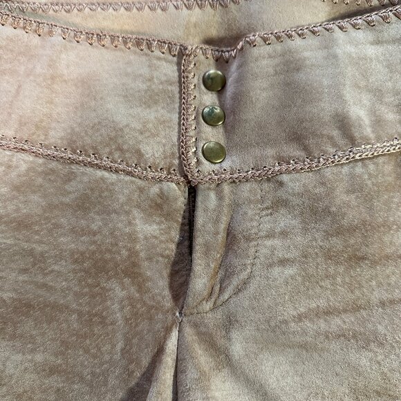 Cache Suede Pants with Hand Crochet Peekaboo Insert at Bottom Camel Tan Sz 2 - Picture 12 of 14
